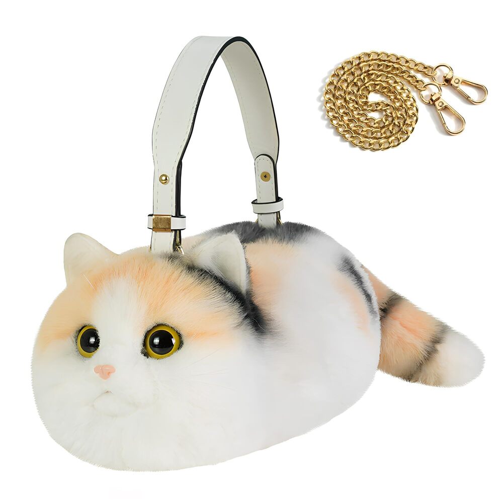 8596 Realistic Puffy Plushed Cat Shaped Crossbody Handbag with Adjustable